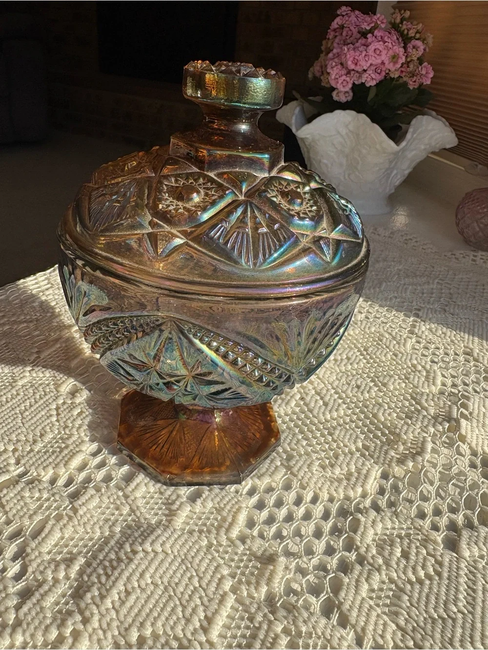 Iridescent Carnival Glass Covered Compote - Amber